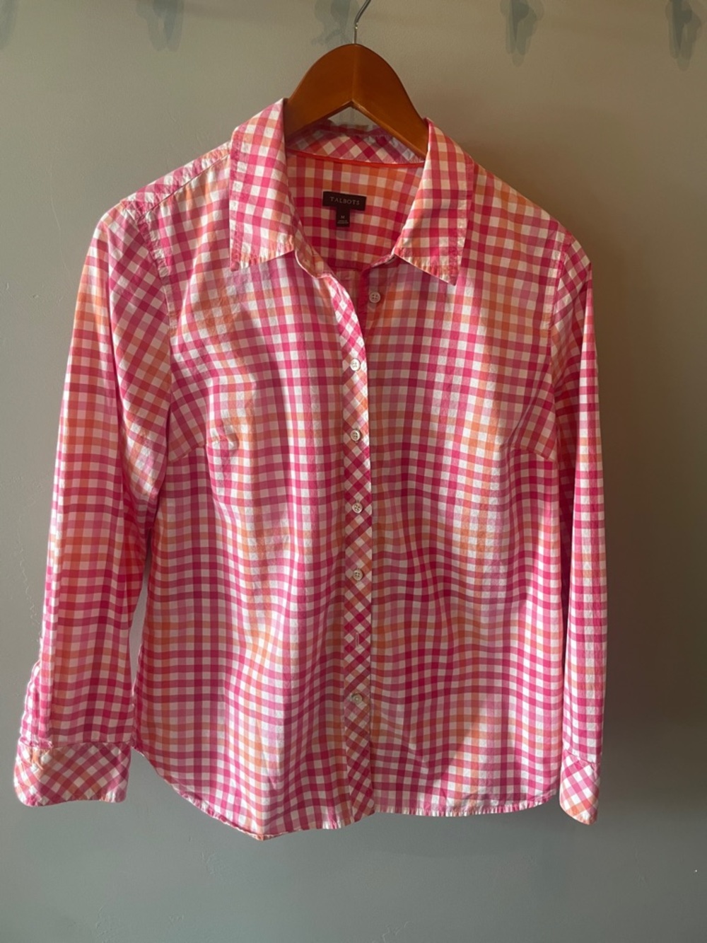 Talbots Pink Orange and White Gingham Button-Down Shirt Size Medium - Picture 2 of 8